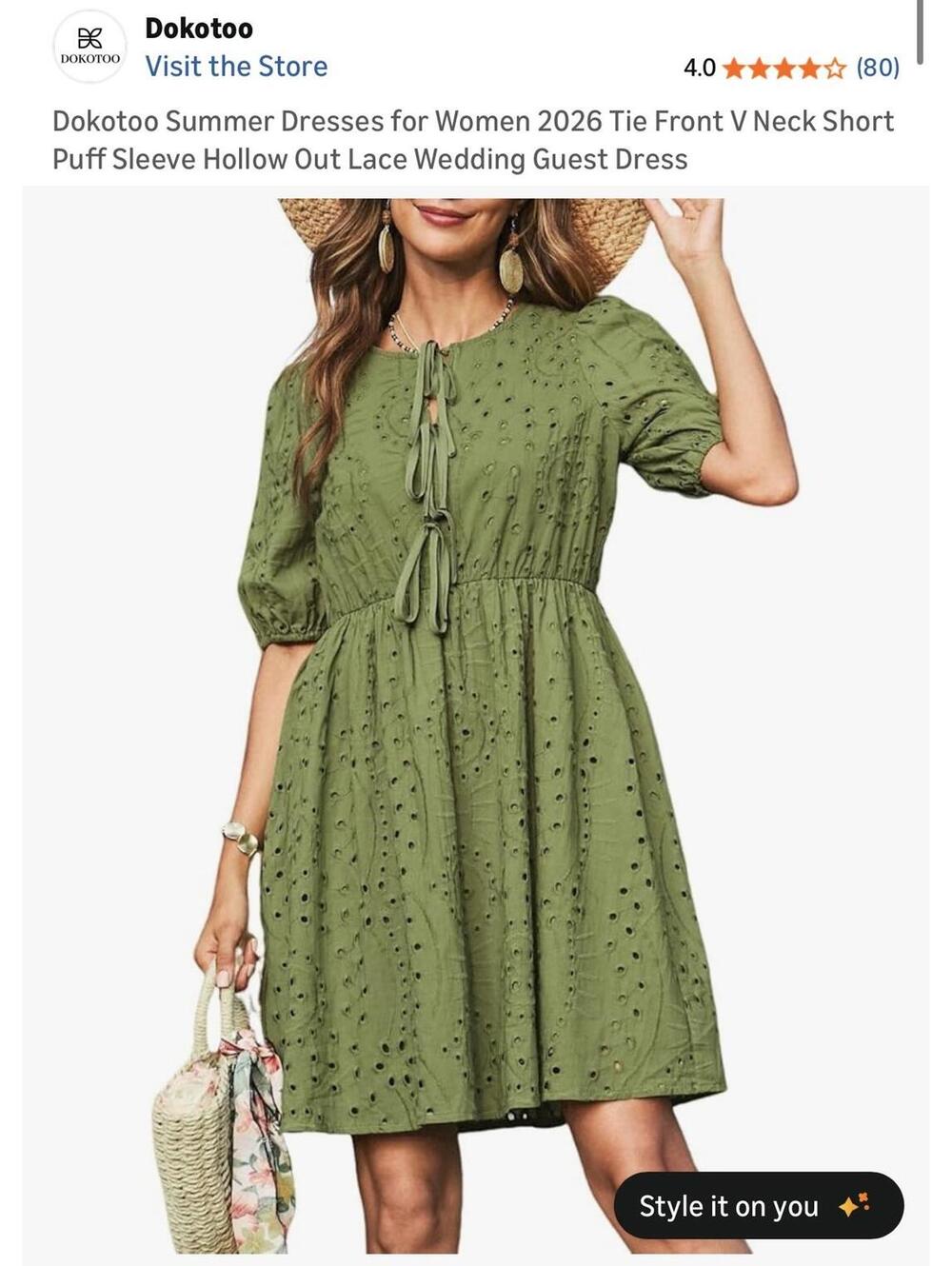 Dokotoo Summer Dress for Women 2026 Tie Front V Neck Short Puff Sleeve Hollowout